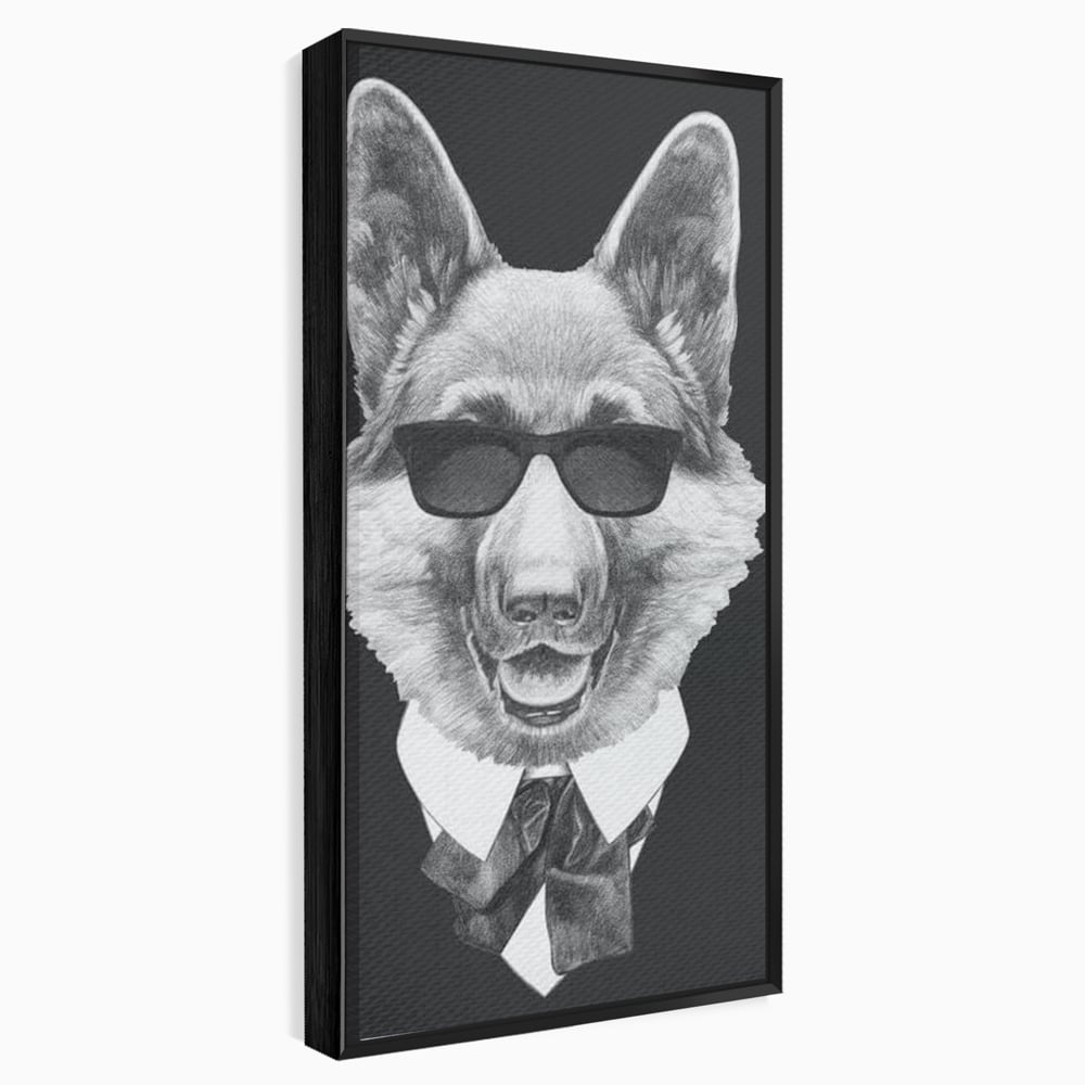 Tablou canvas cu portret ilustrativ caine gentleman, in rama de aluminiu negru